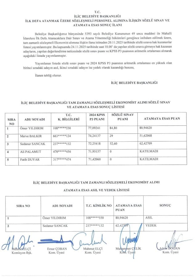 İLİÇ BELEDİYE BAŞKANLIĞI İLK DEFA ATANMAK ÜZERE SÖZLEŞMELİ PERSONEL ALIMINA İLİŞKİN SÖZLÜ SINAV VE ATAMAYA ESAS SONUÇ İLANI