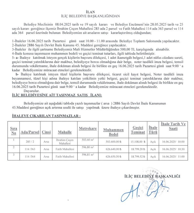 Belediyeye Ait Taşınmazların İhale İlanı